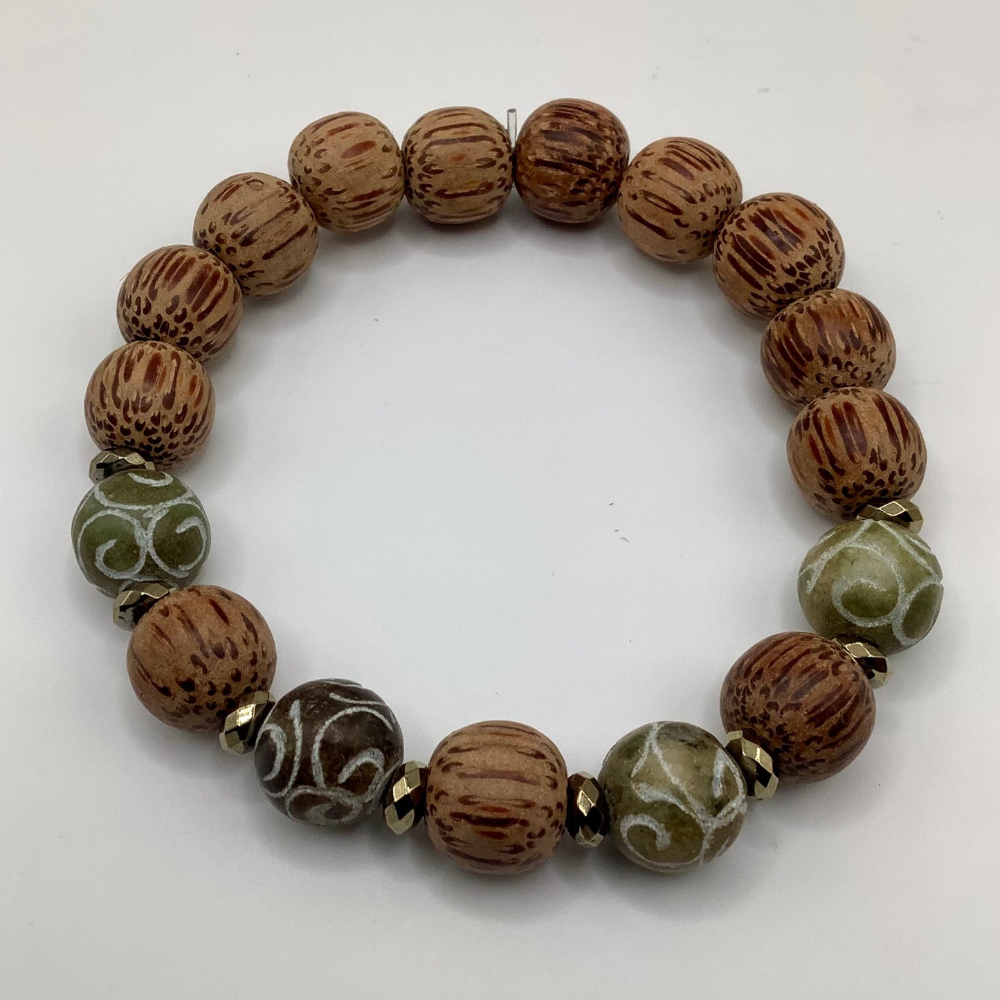 Wood and Petoskey Stone 12mm dark gold hematite