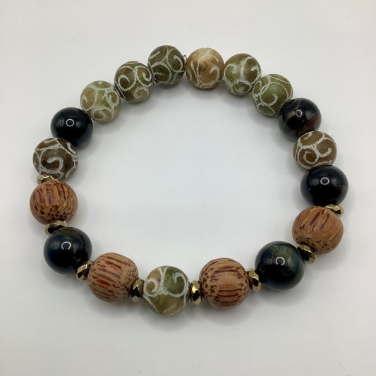 Wood, Tiger Eye and Petoskey Stone 12mm dark gold hematite