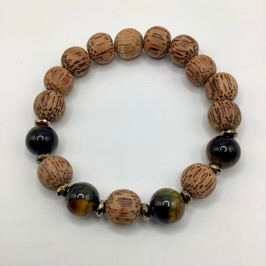 Wood and Tigers Eye 12mm dark gold hematite