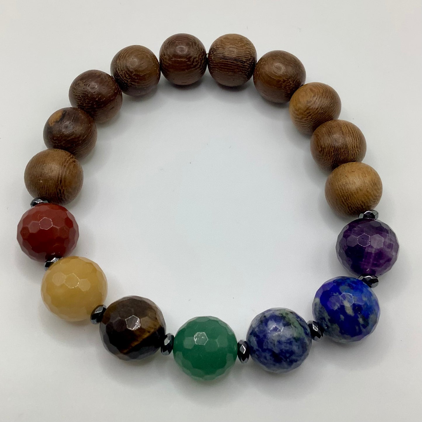 Chakra stone and wood 12mm gunmetal hematite