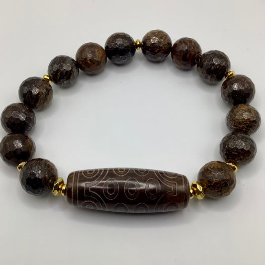 Bronzite, Tibetan Agate focal 12mm gold hematite