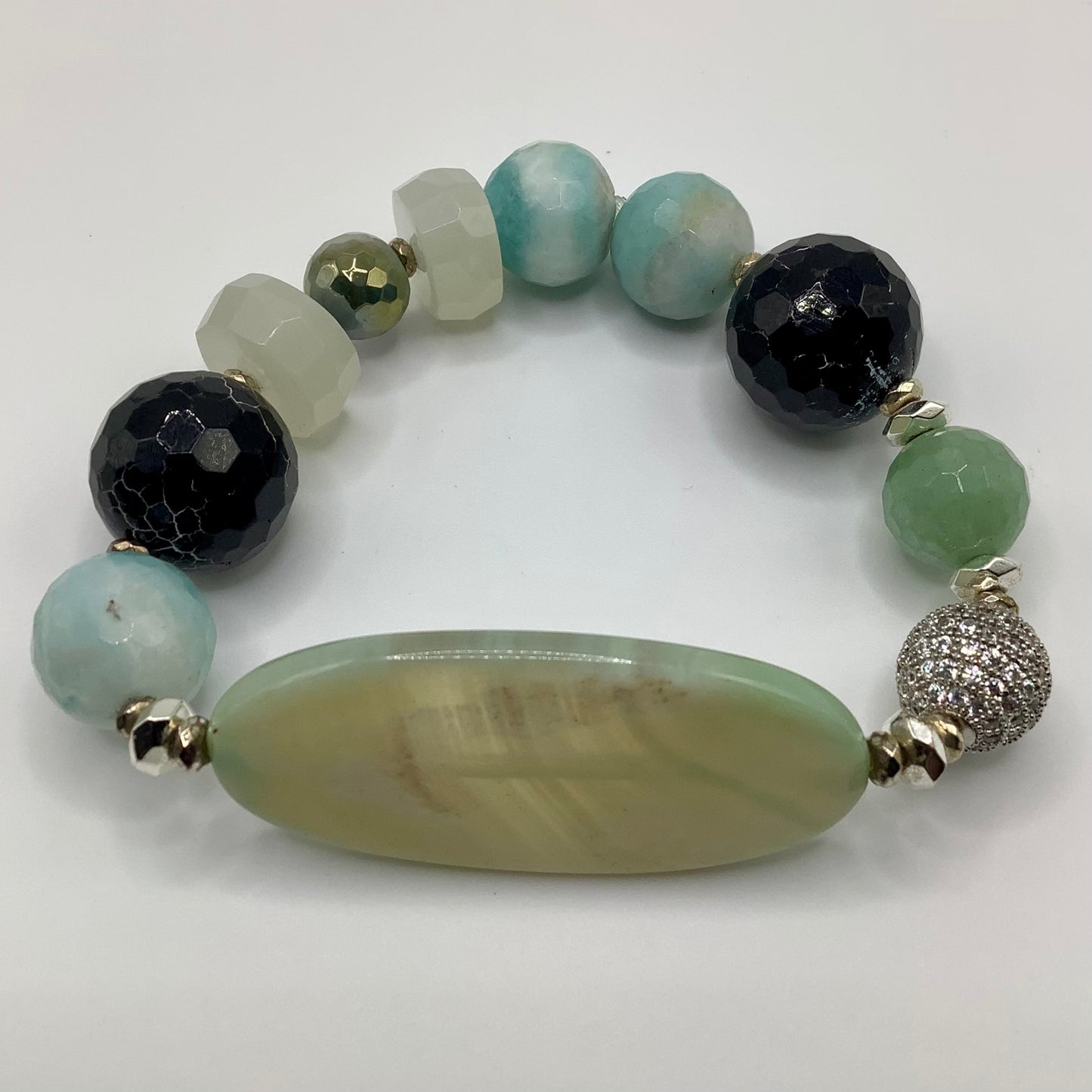 Crackle Agate 18mm, Amazonite 14mm, Moonstone ZC Pave