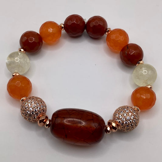 Amber Focal, CZ Pave, Citrine and Agate  bead 12mm copper hematite