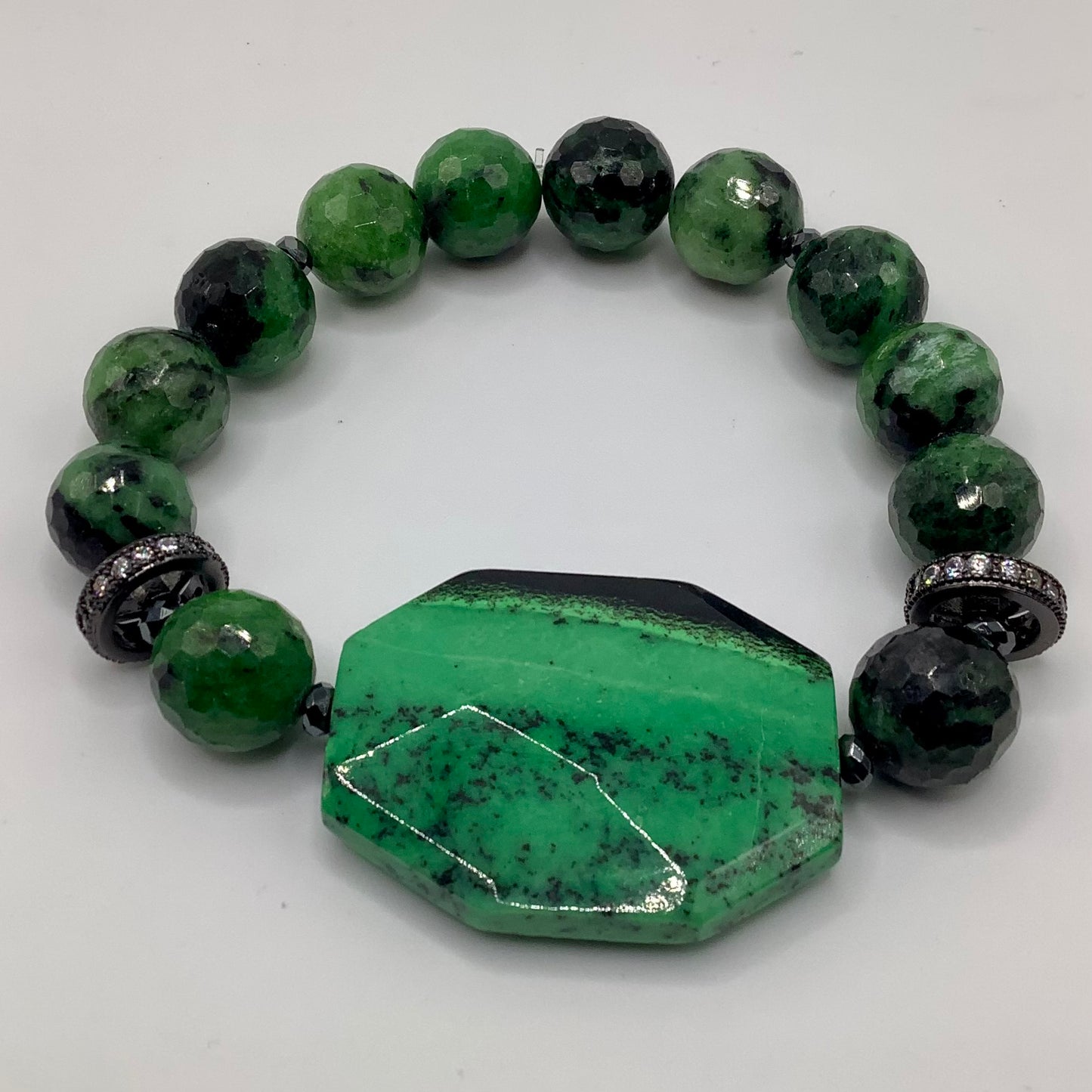 Ruby Zoisite, Agate Focal, CZ pave 12mm gunmetal hematite