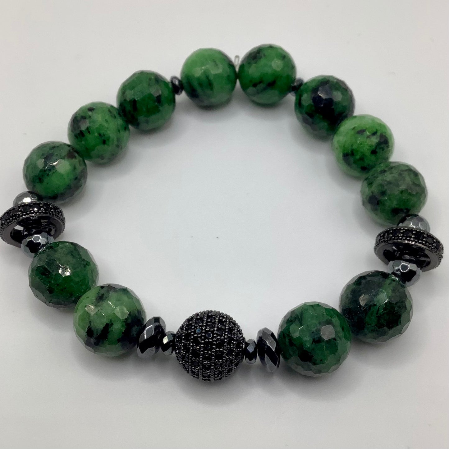 Ruby Zoisite, CZ pave 12mm gunmetal hematite