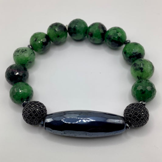 Ruby Zoisite, Agate Focal, CZ pave 12mm gunmetal hematite