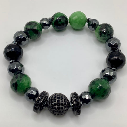 Ruby Zoisite, Onyx, CZ pave 12mm gunmetal hematite