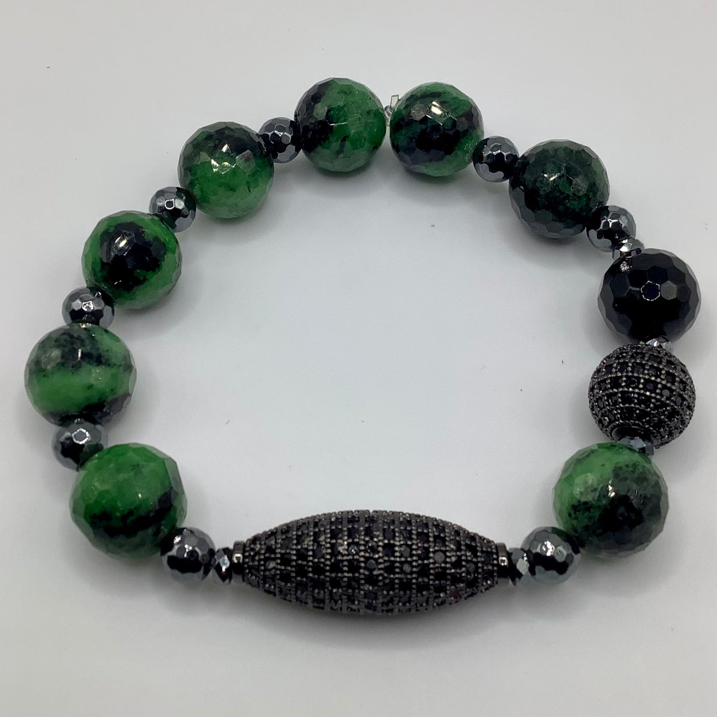 Ruby Zoisite, CZ pave focal 12mm gunmetal hematite