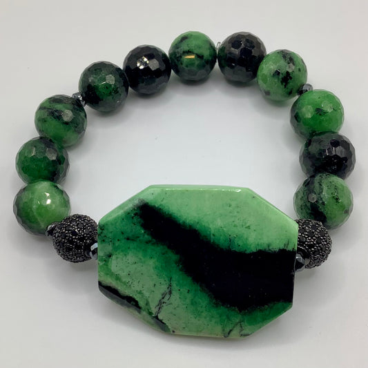 Ruby Zoisite, Agate Focal, CZ pave 12mm gunmetal hematite