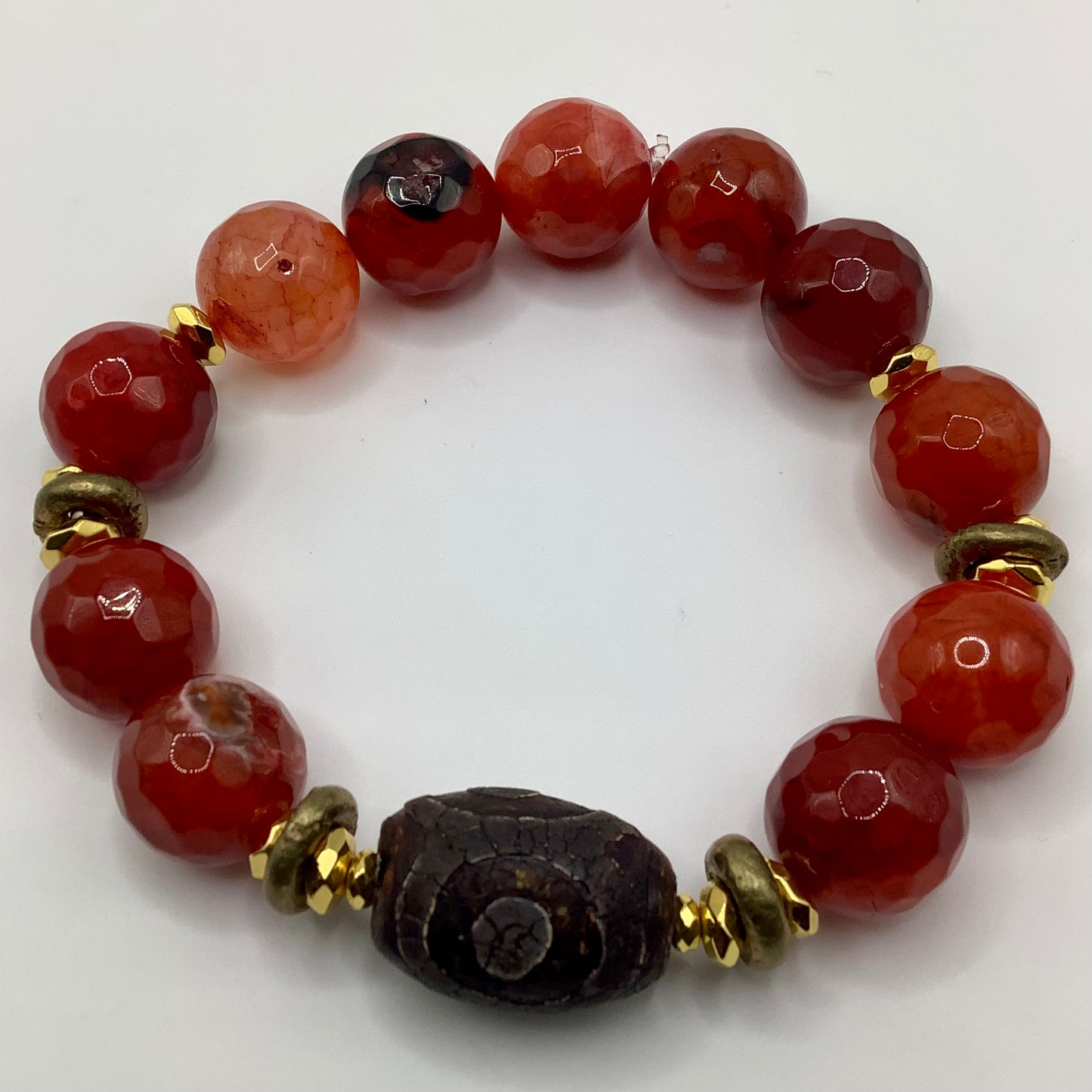 Tibetan Focal, Agate 14mm brass and gold hematite