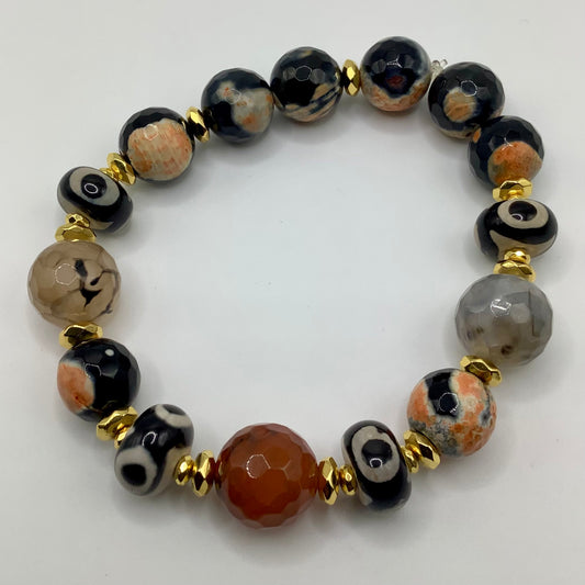 Fire Agate,Tibetan and Dragon Vein Agate 12mm gold hematite