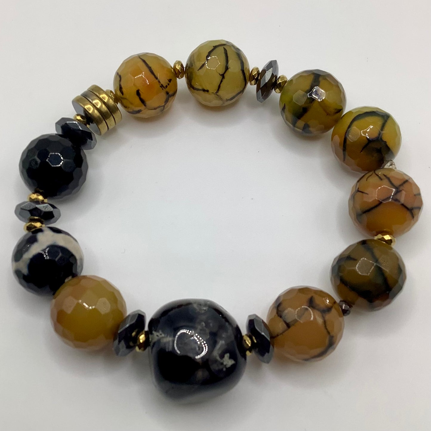 Agate,Tibetan and Dragon Vein Agate 14mm gunmetal and dark gold hematite