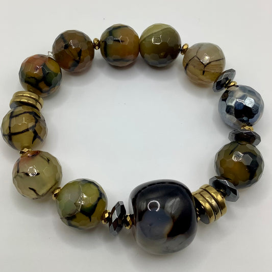 Agate and Dragon Vein Agate 14mm gunmetal and dark gold hematite