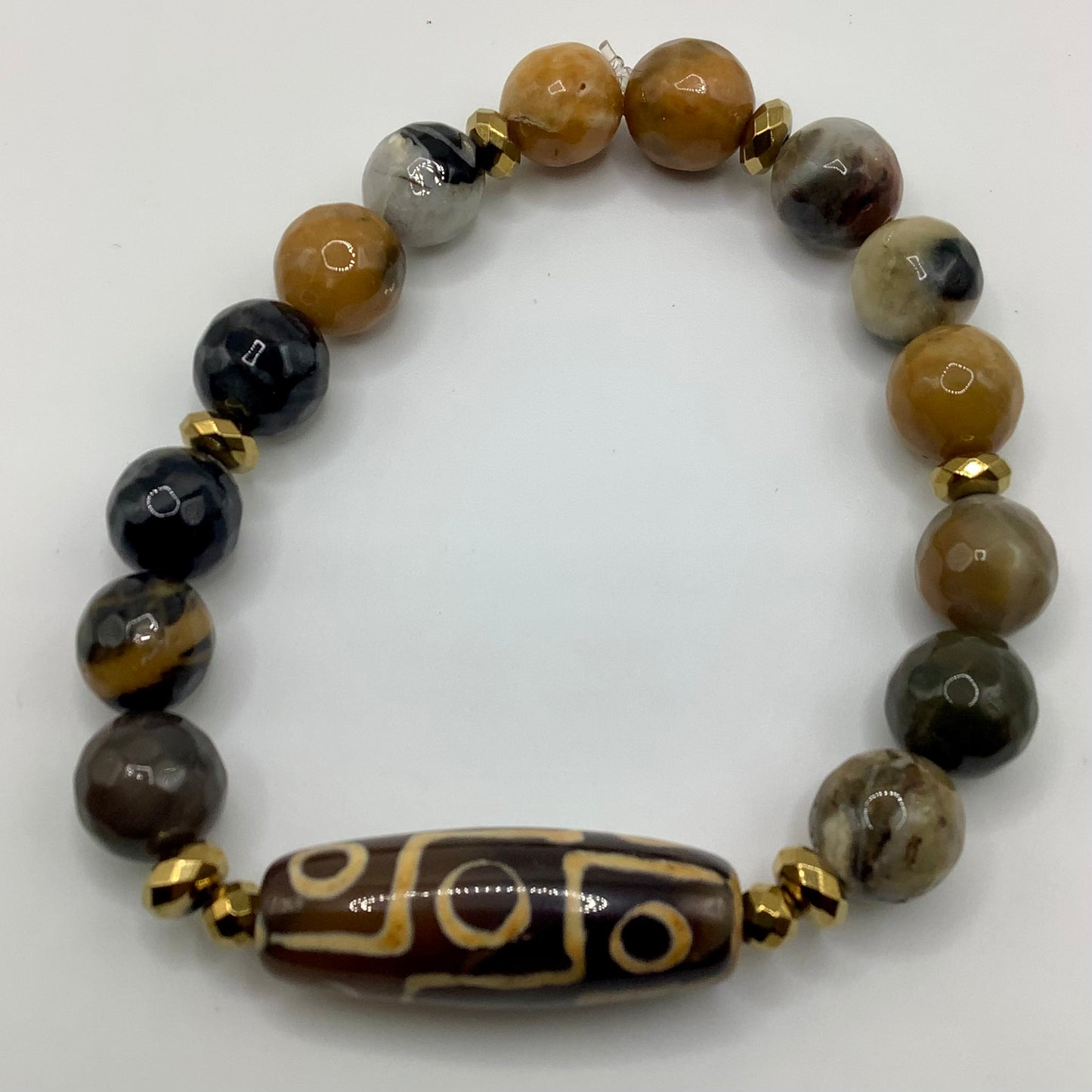 Falcon Eye and  Tibetan Agate 10mm dark gold hematite