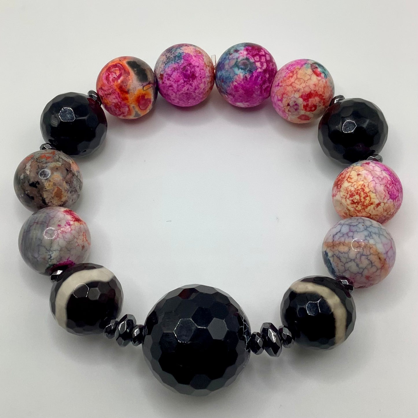 Mystic Agate, Tibetan Agate and  Onyx 14mm black hematite