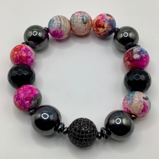 Mystic Agate,CZ Pave  Lg gunmetal hematite, Onyx 14mm black hematite