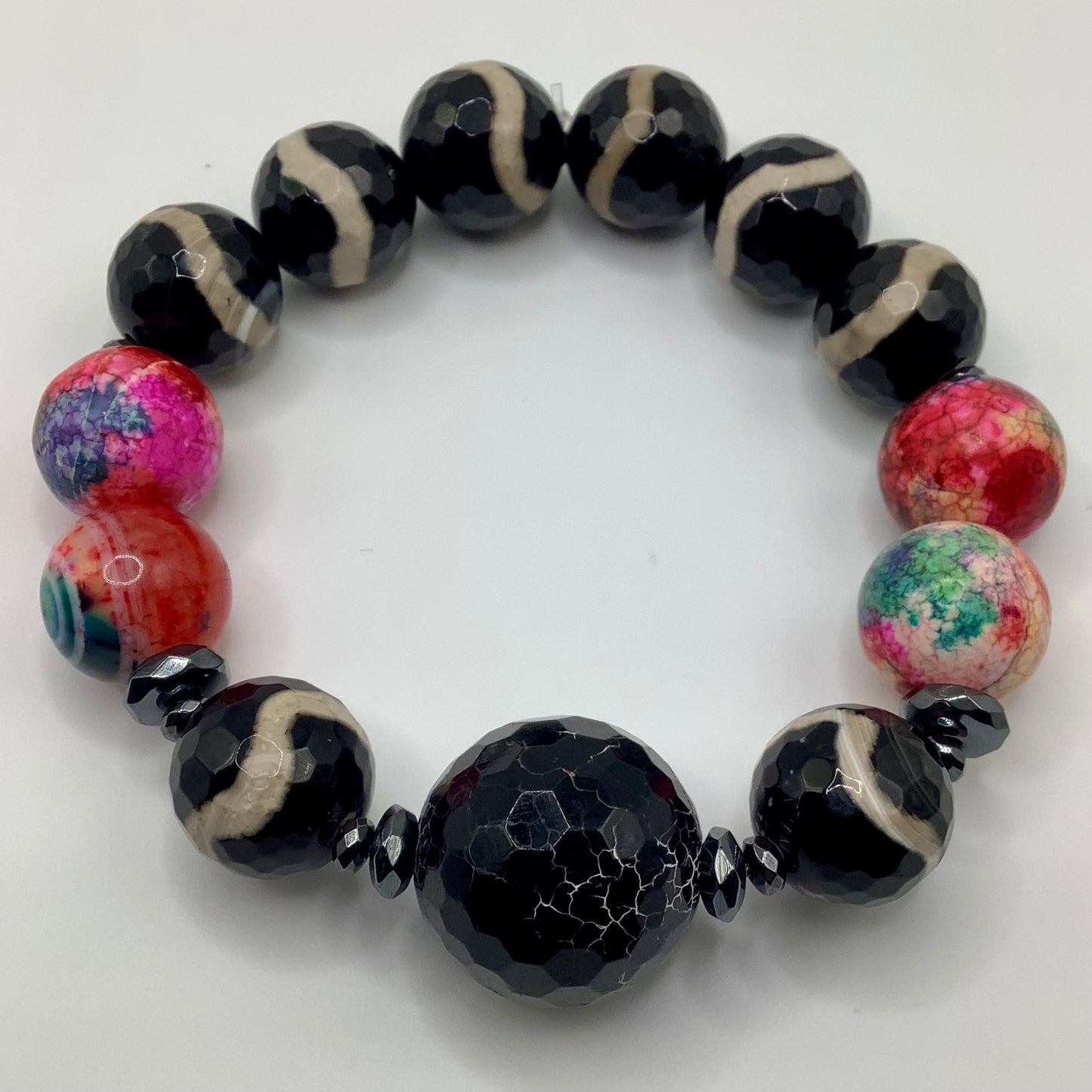 20mm Crackled Agate, Mystic and Tibetan Agate 14mm black hematite