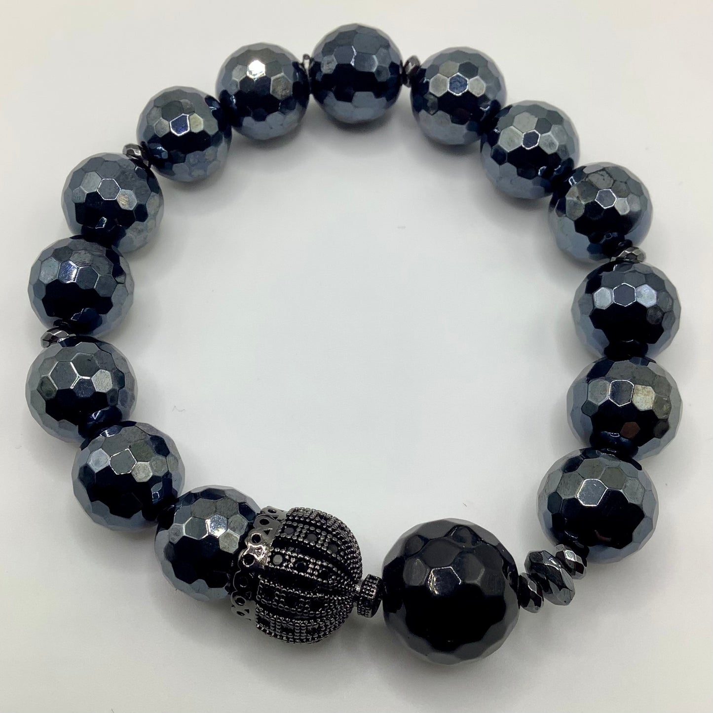 CZ Pave Crown Electroplated Agate 12mm black hematite