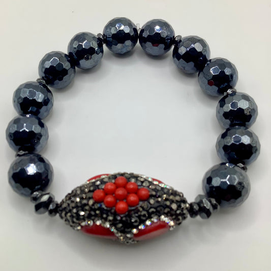 CZ Pave and Coral Focal Electroplated Agate 12mm black hematite