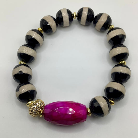 Agate Focal, Tibetan Agate, 12mm CZ Pave gold hematite