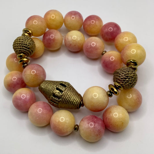 Jade pale yellow/pink 14mm Brass findings