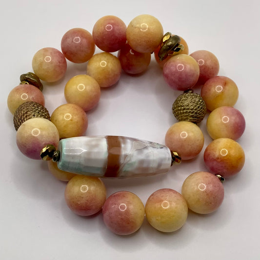 Jade pale yellow/pink 14mm Brass findings