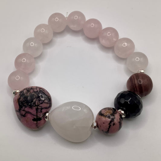 Rose Quartz, Onyx and Rhodonite Hearts 12mm, silver hematite