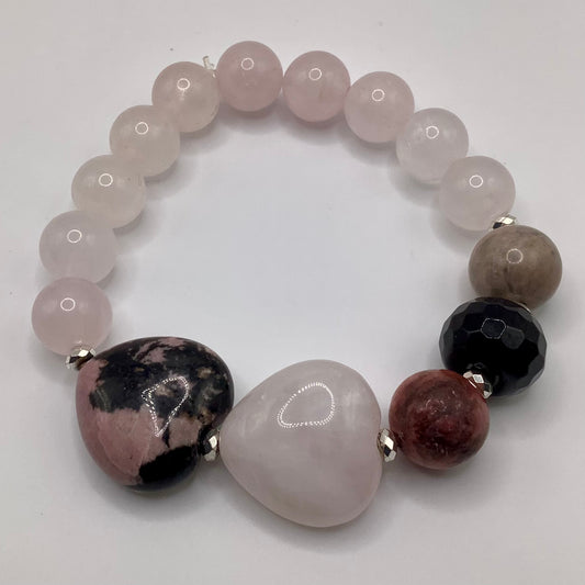 Rose Quartz, Onyx and Rhodonite Hearts 12mm, silver hematite