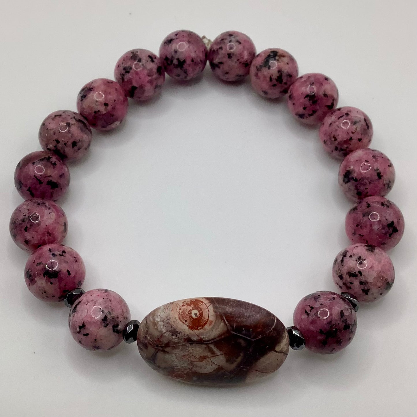 Rhodonite 10mm, dark silver hematite