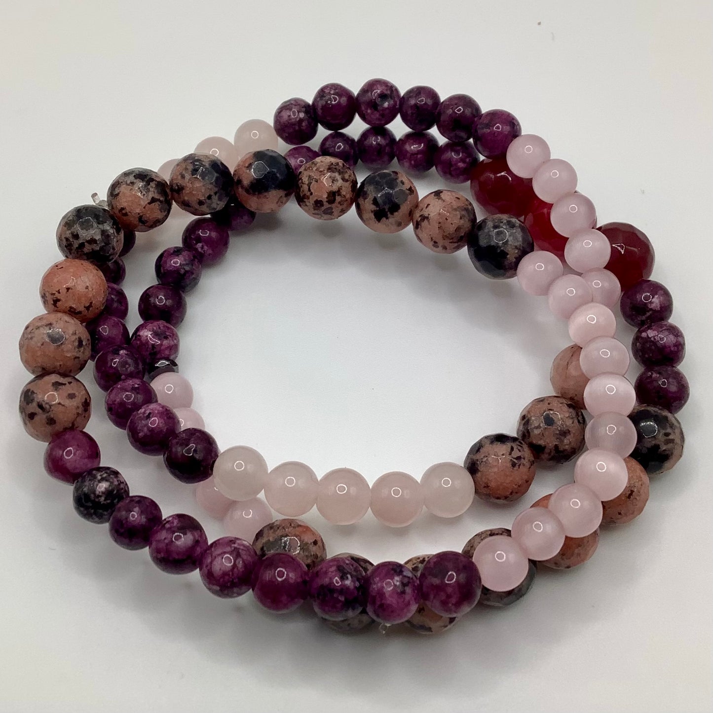 Rose Quartz, Selenite and Rhodonite 6-8mm, 3. set bracelet gunmetal hematite