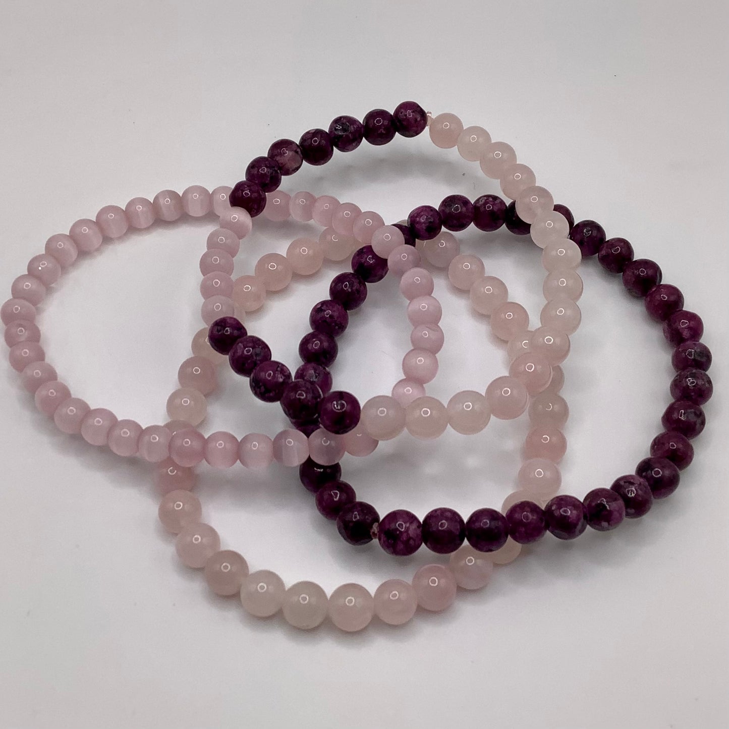 Rose Quartz, Selenite and Rhodonite 6mm, 4 set bracelet