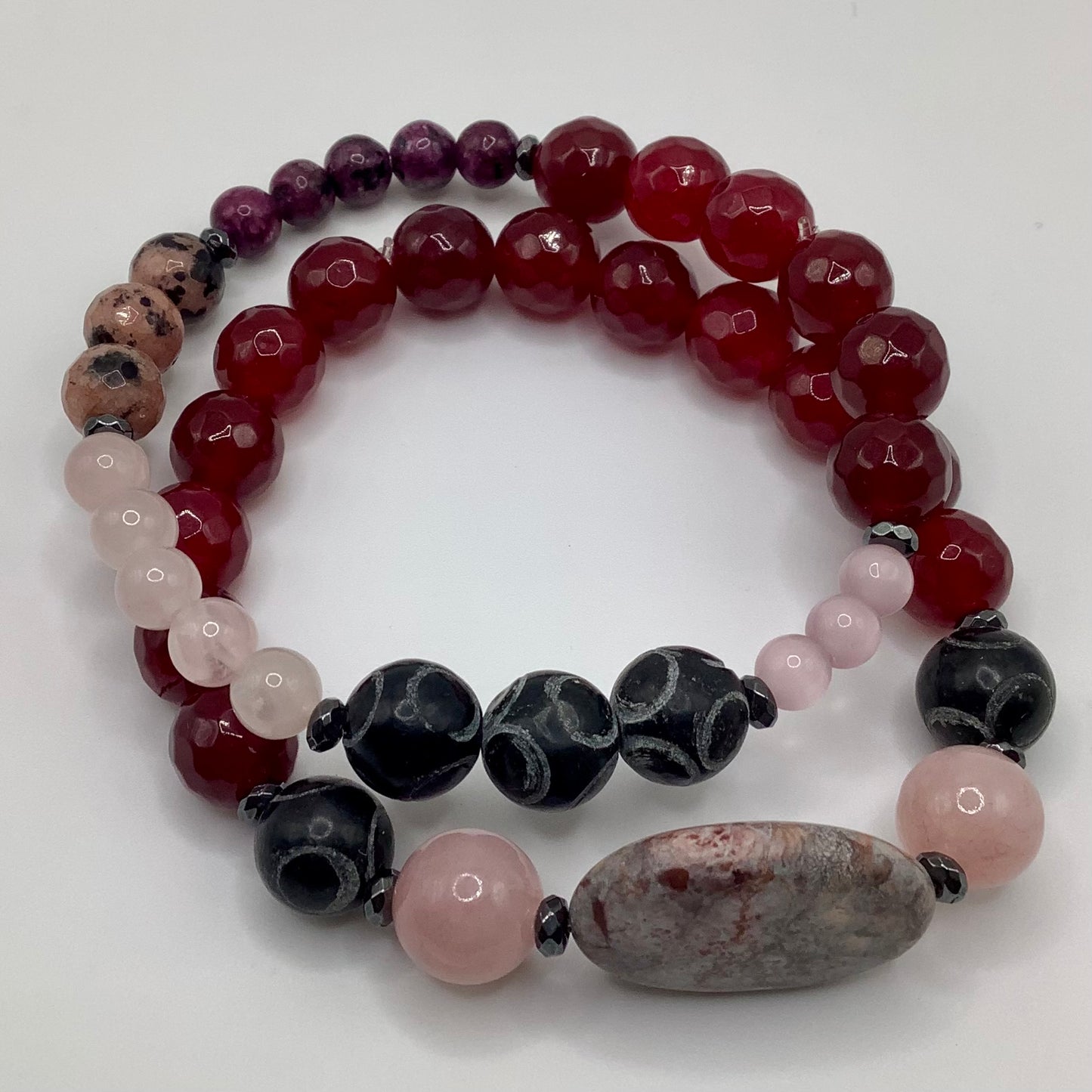 Rose Quartz, Selenite Jade and Rhodonite 6-8mm, 2 set bracelet gunmetal hematite