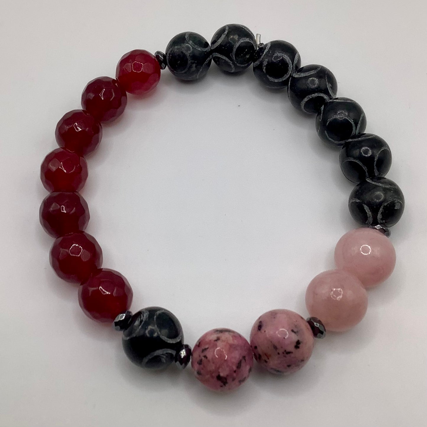 Rose Quartz, Jade and Rhodonite 10mm gunmetal hematite