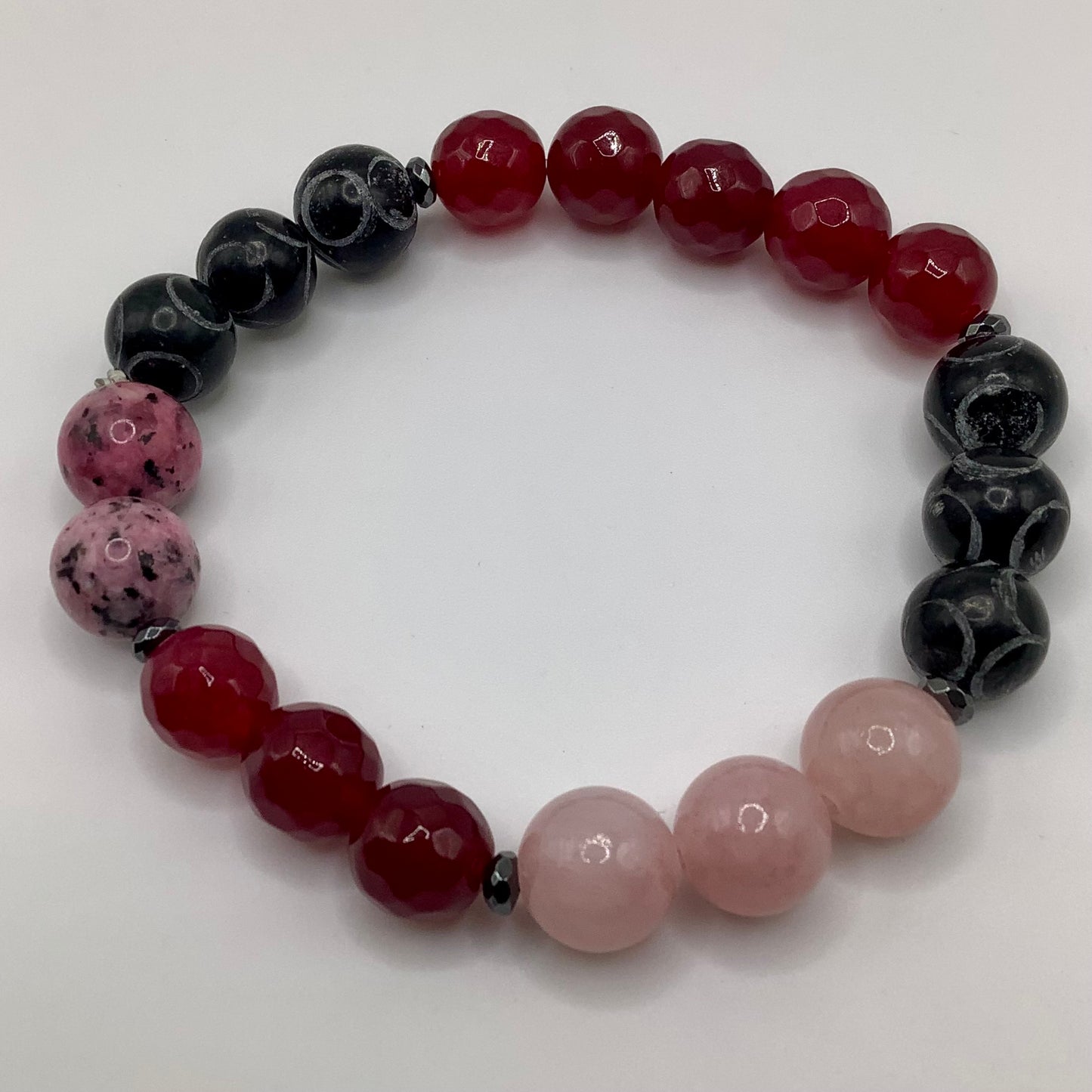 Rose Quartz, Jade and Rhodonite 10mm gunmetal hematite