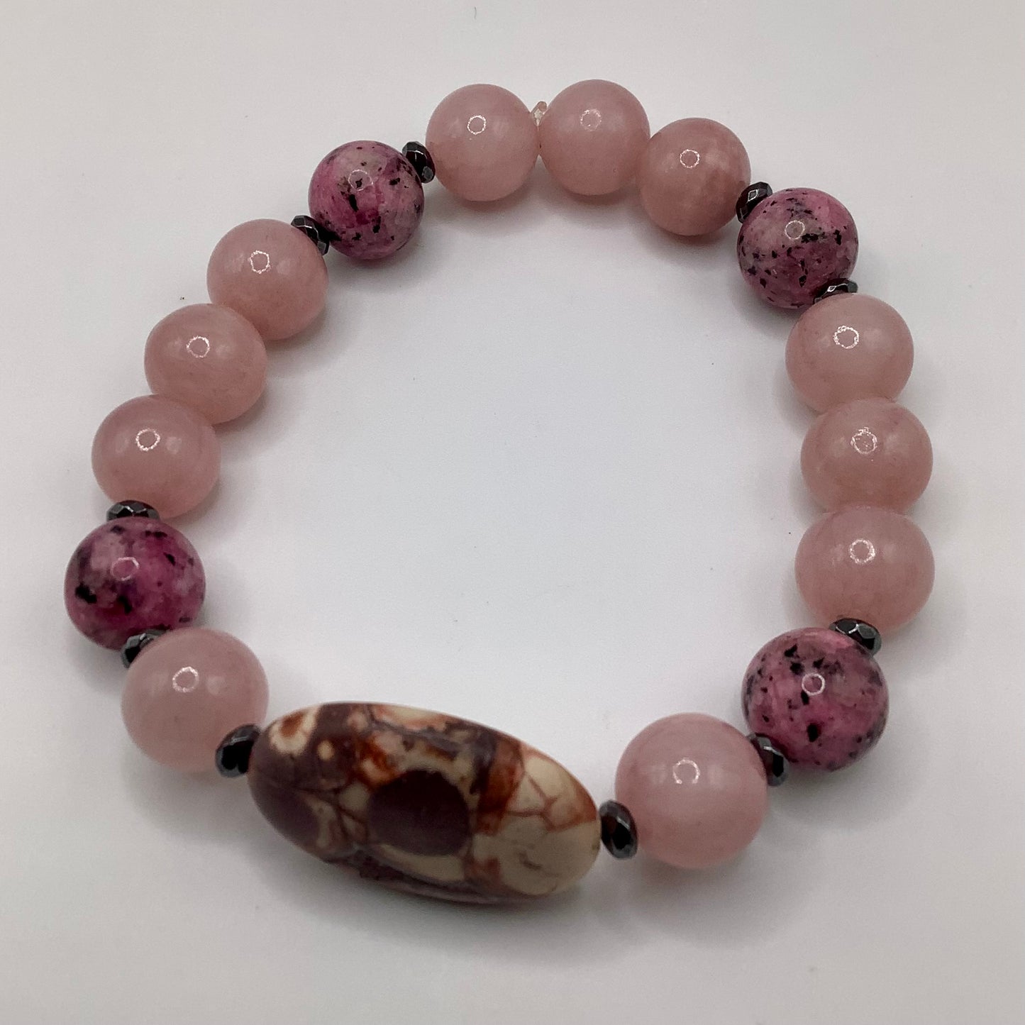 Rose Quartz and Rhodonite 10mm gunmetal hematite