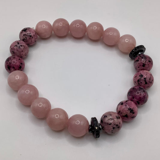 Rose Quartz, Rhodonite CZ Pave 10mm gunmetal hematite