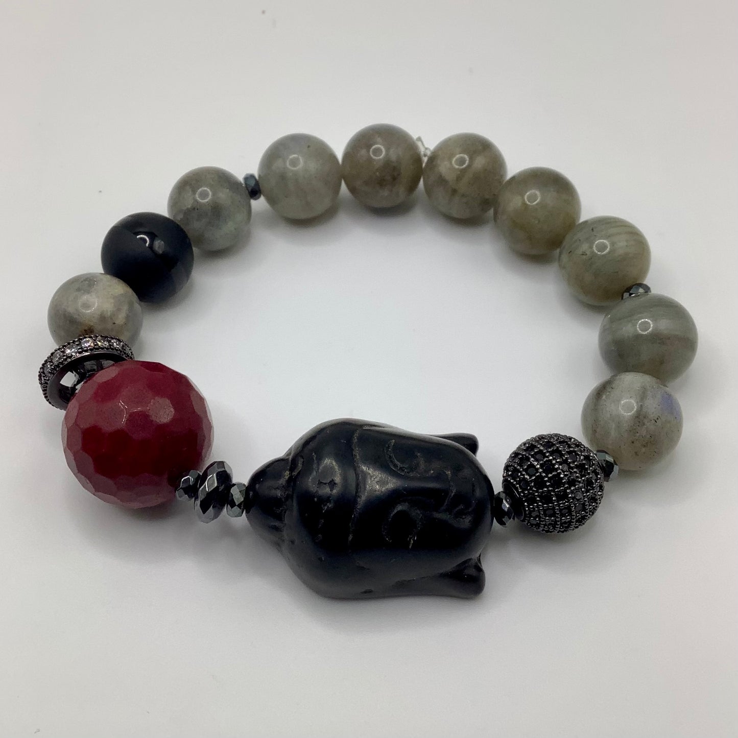 Labradorite, Jade Buddha CZ Pave 12mm black hematite