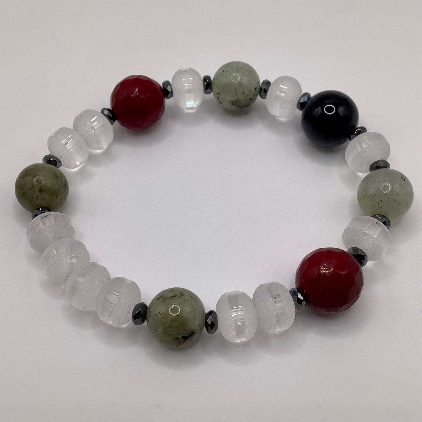 Labradorite, Jade, Crystal 10-12mm black hematite