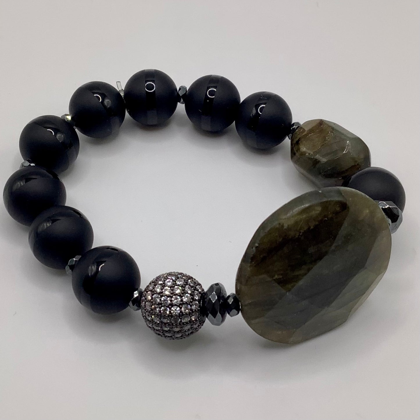 Labradorite, Black Stripe Matte Onyx, CZ Pave Labradorite Focal 12mm black hematite