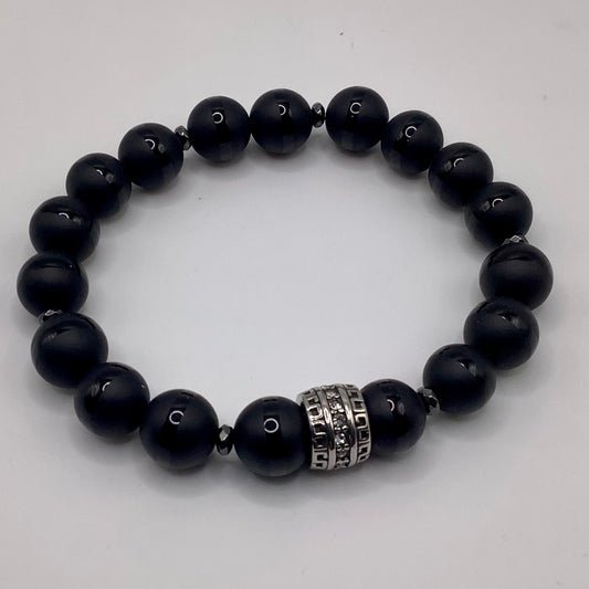 Black Stripe Matte Onyx, SS silver focal 10mm black hematite