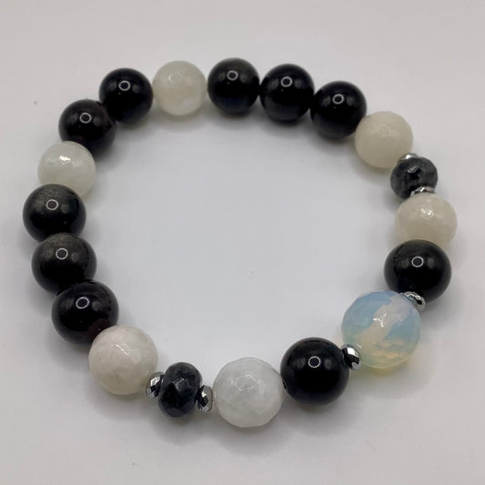 Black Obsidian,  Labradorite, Moonstone 10mm dark silver hematite