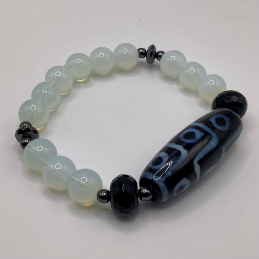 Tibetan Agate Focal, Onyx, Moonstone 10mm black hematite