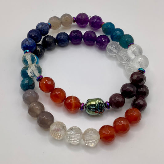 Chakra 8mm rainbow SS Buddha and hematite 2pc stack