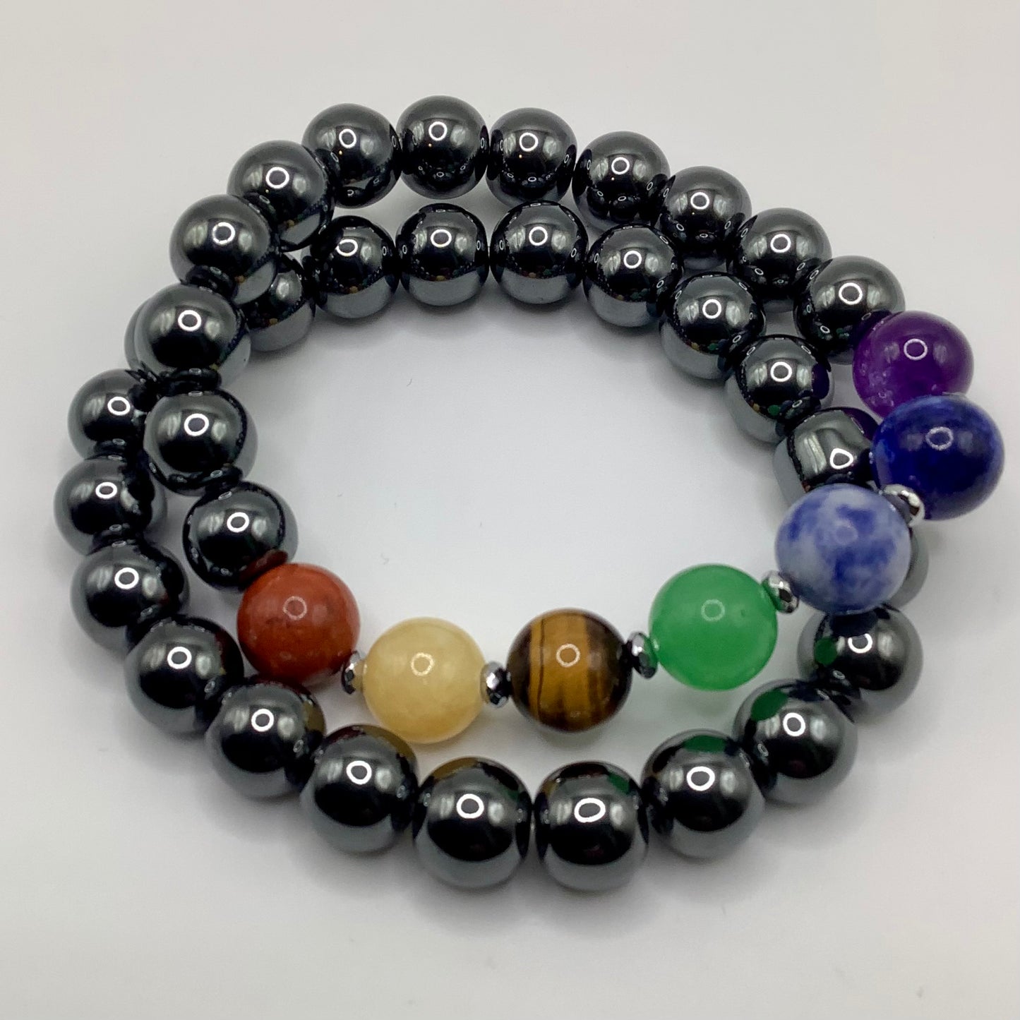 Chakra 10mm dark Silver hematite 2pc stack