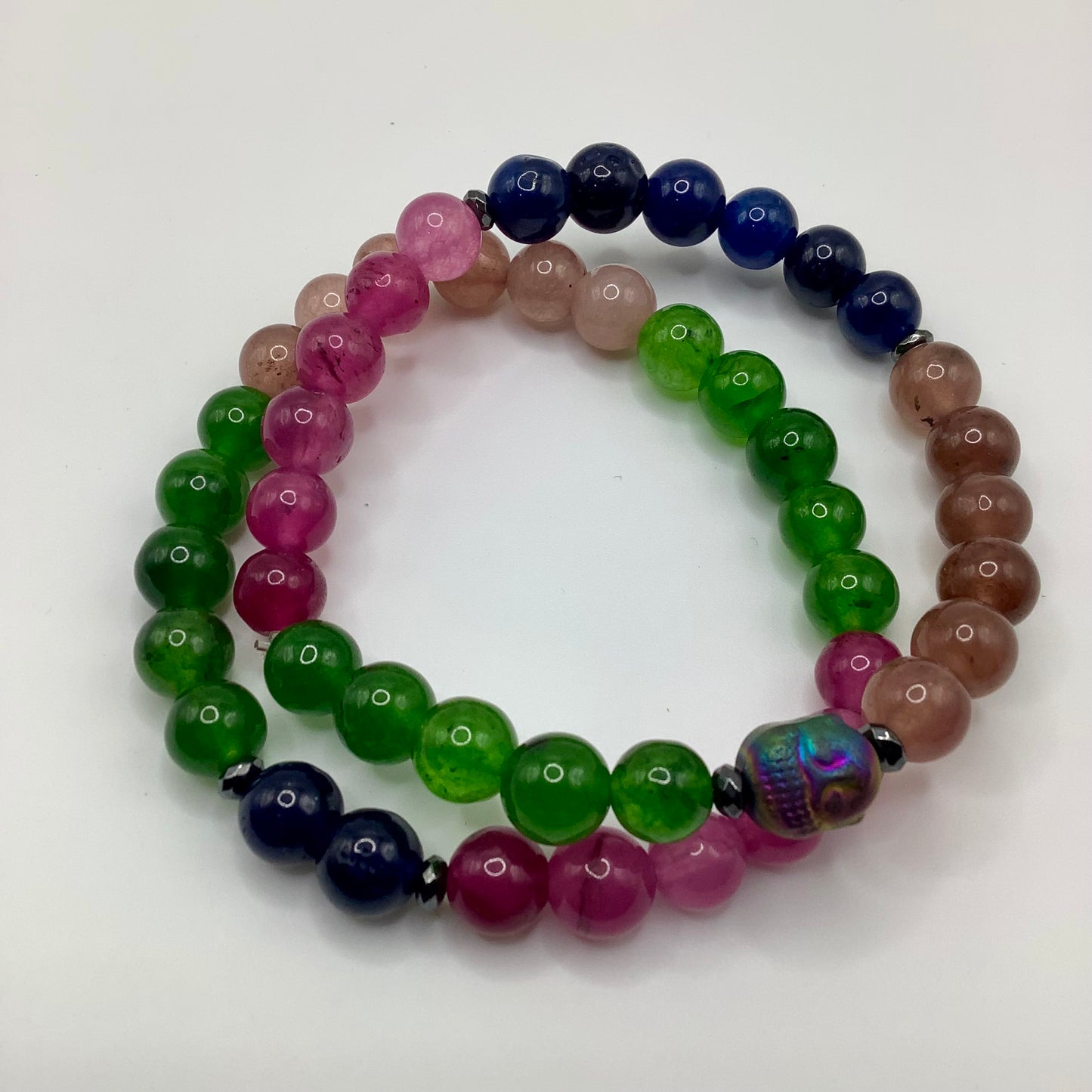 Elbaite Tourmaline 8mm, 2 bracelet stack rainbow hematite Buddha