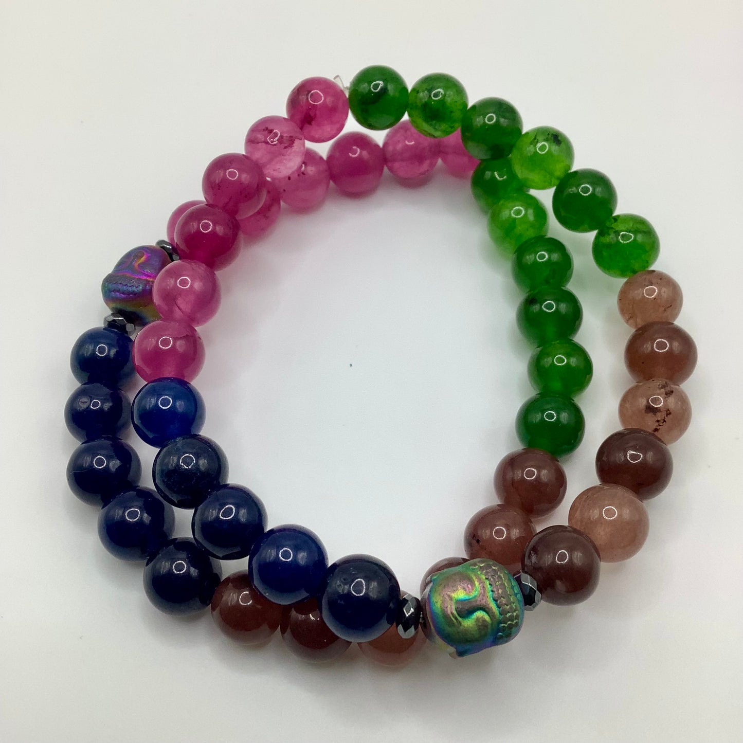 Elbaite Tourmaline 8mm, 2 bracelet stack rainbow hematite Buddha