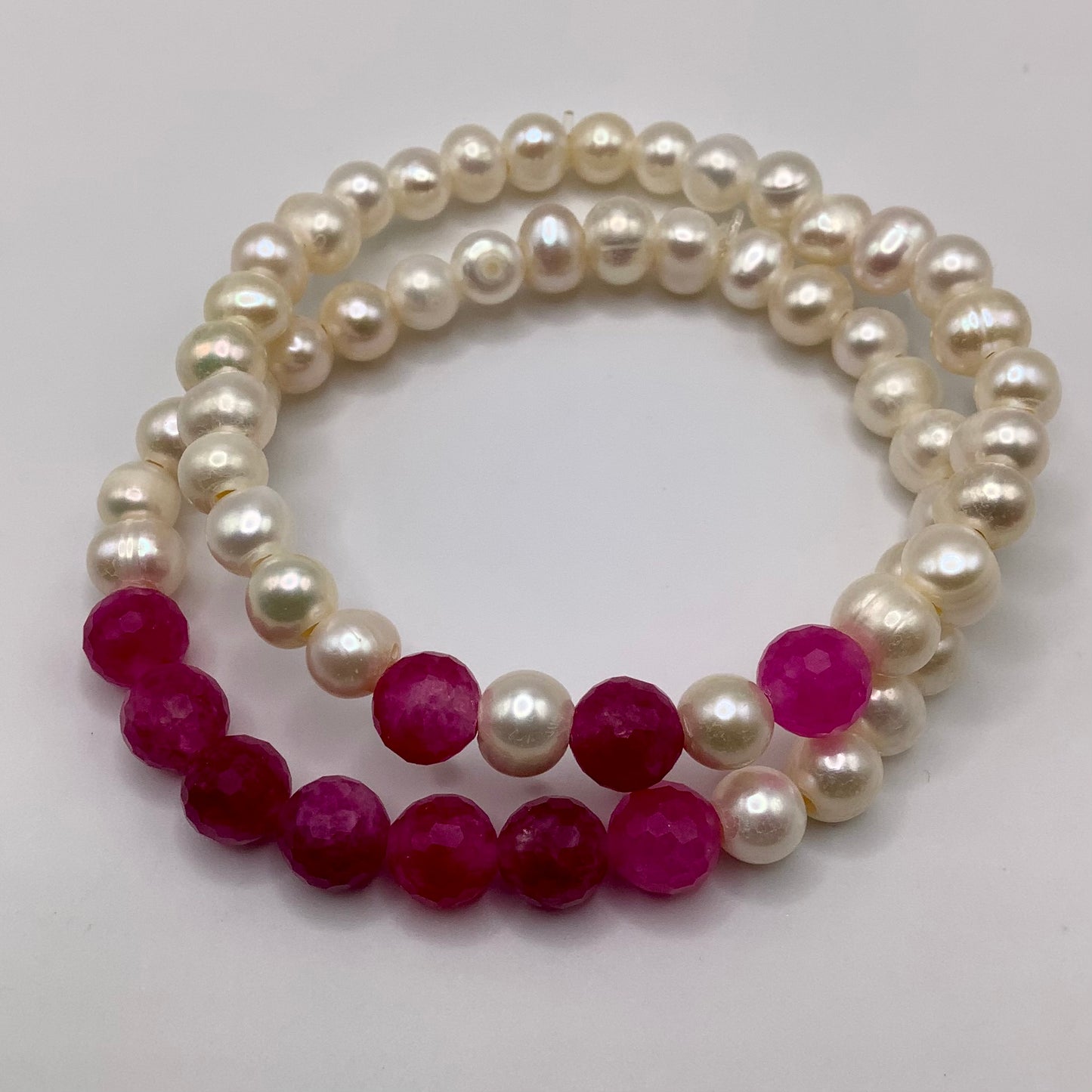 Ruby Quartz, Fresh Water Pearl 8mm 2 bracelet stack