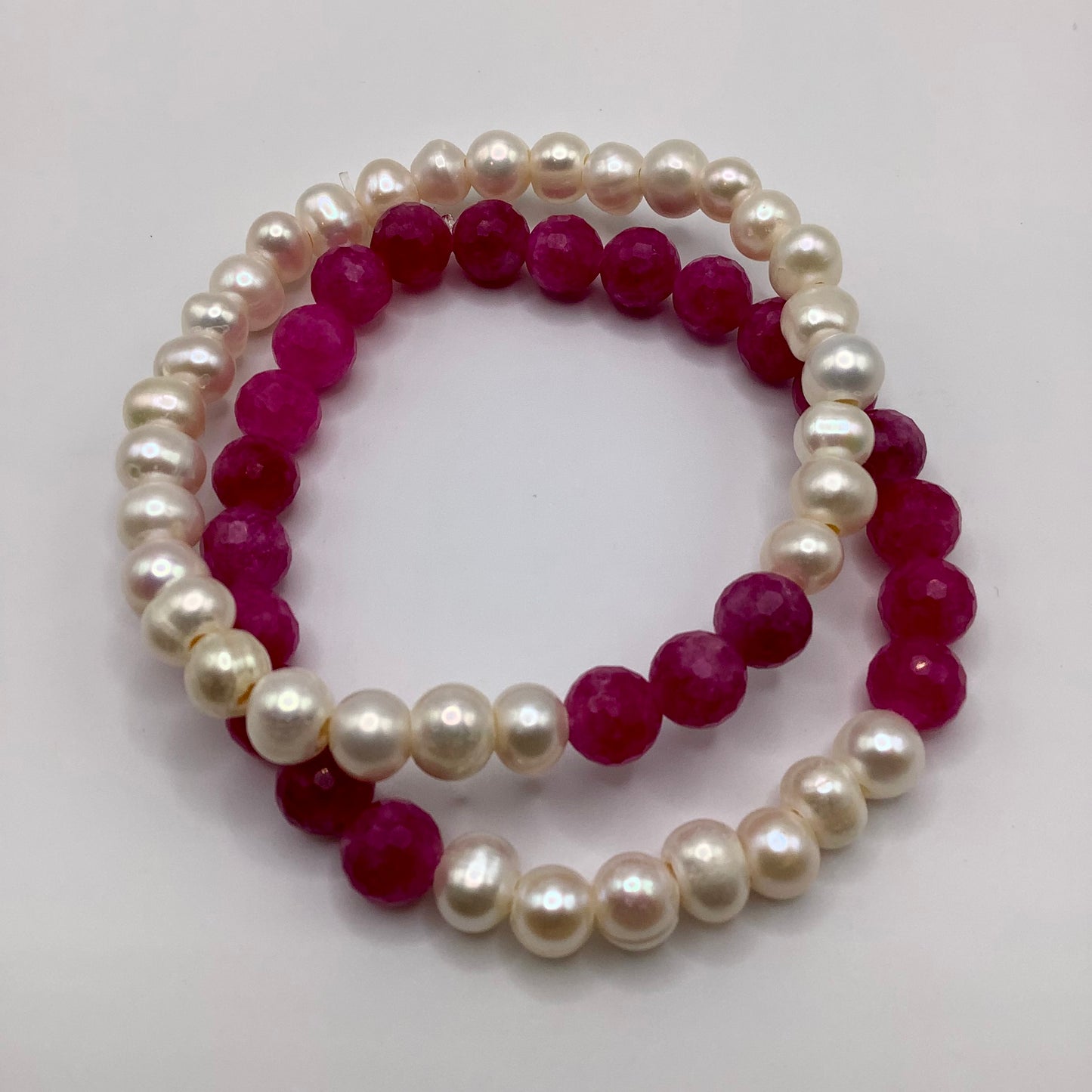 Ruby Quartz, Fresh Water Pearl 8mm 2 bracelet stack