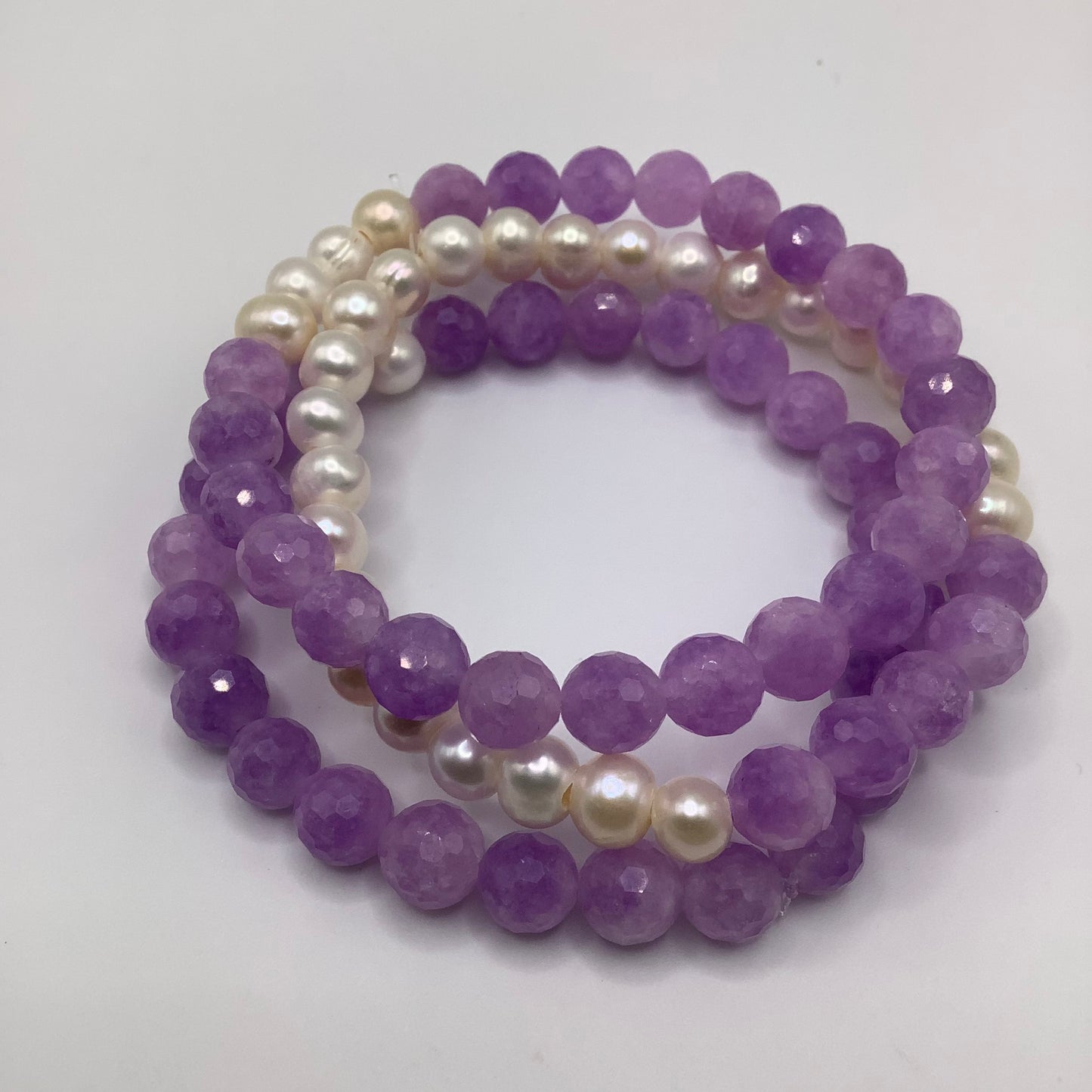 Lavender Jade,  Fresh Water Pearl 8mm 3 bracelet stack