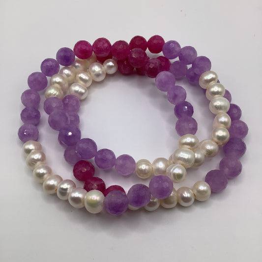 Lavendar Jade, Ruby Quartz, Fresh Water Pearl 8mm 2 bracelet stack